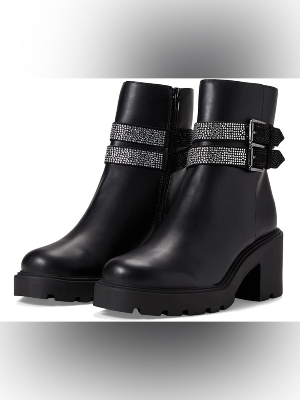 Steve Madden Black Rhinestone Buckle Platform Ankle Boots Size 9